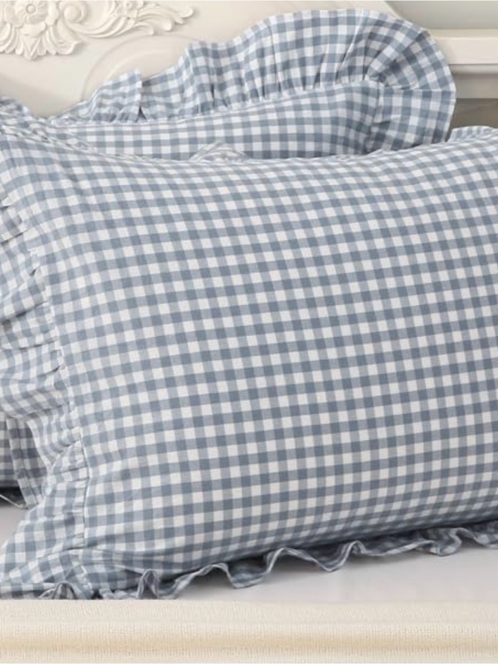 Ruffled Gingham Pillow Sham - Blue and White